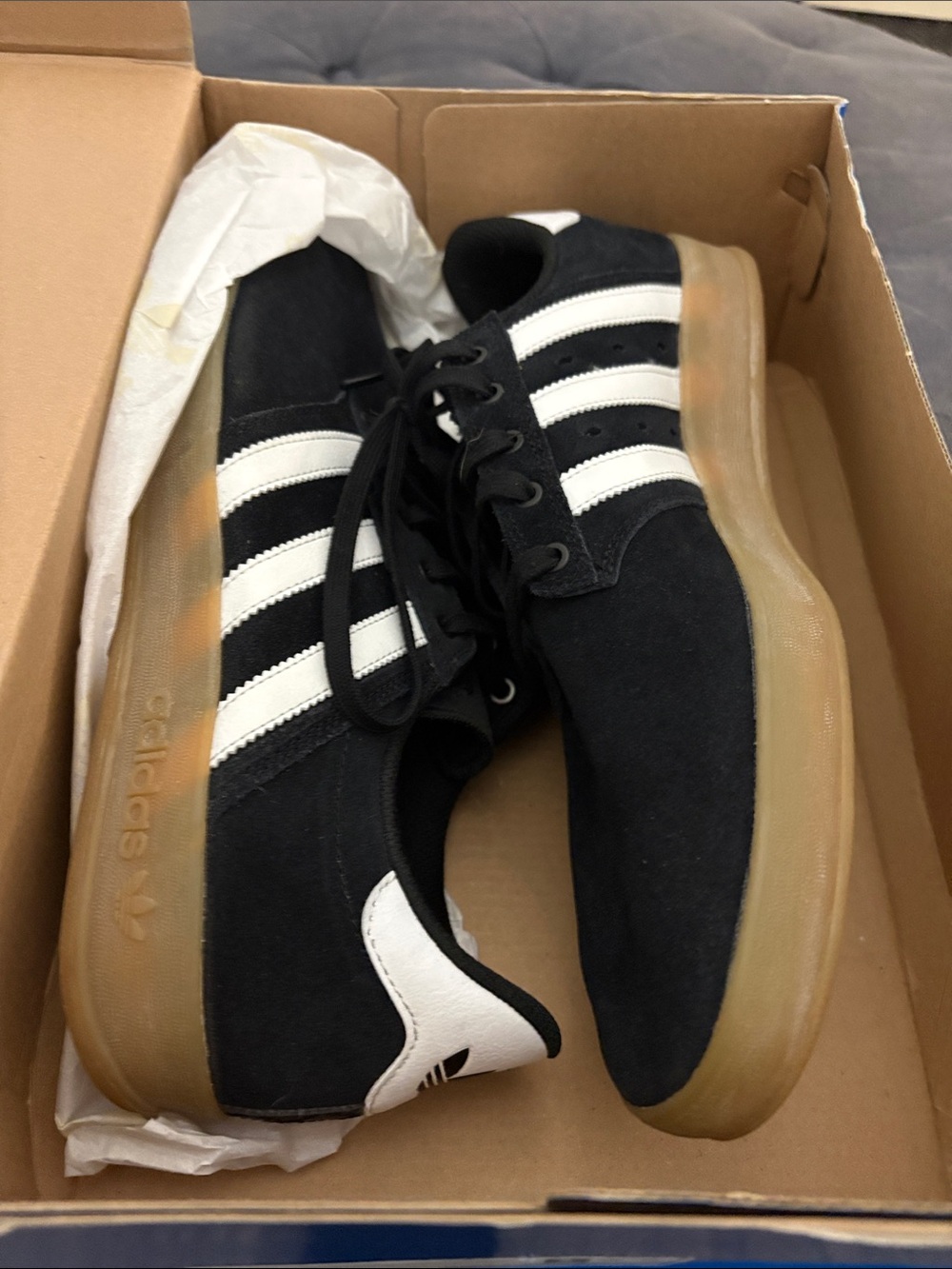 adidas Seely Cup Men’s Black Suede Sneakers with White Stripes and Gum Sole